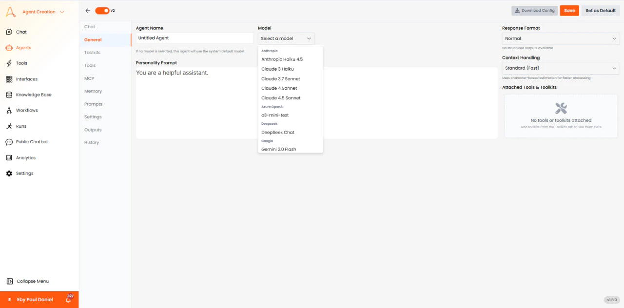 Model selection dropdown showing available LLMs