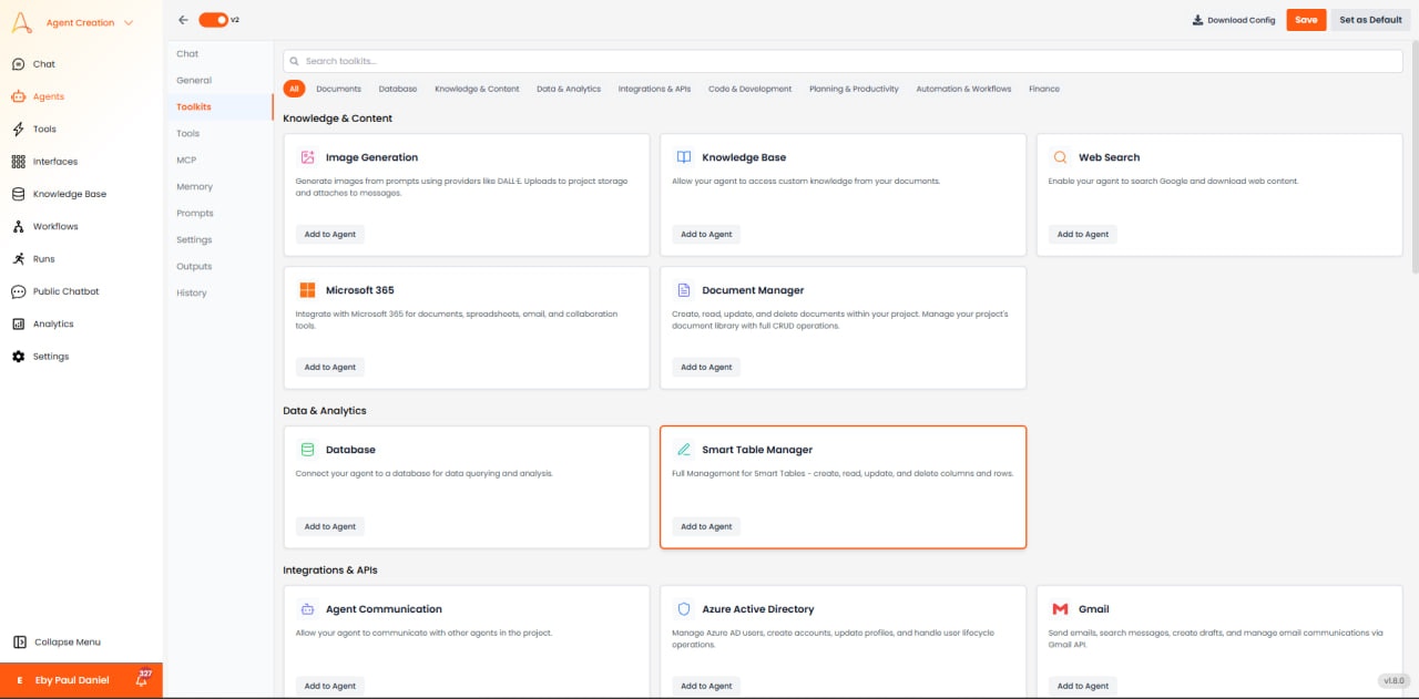 Toolkits section showing available toolkits by category