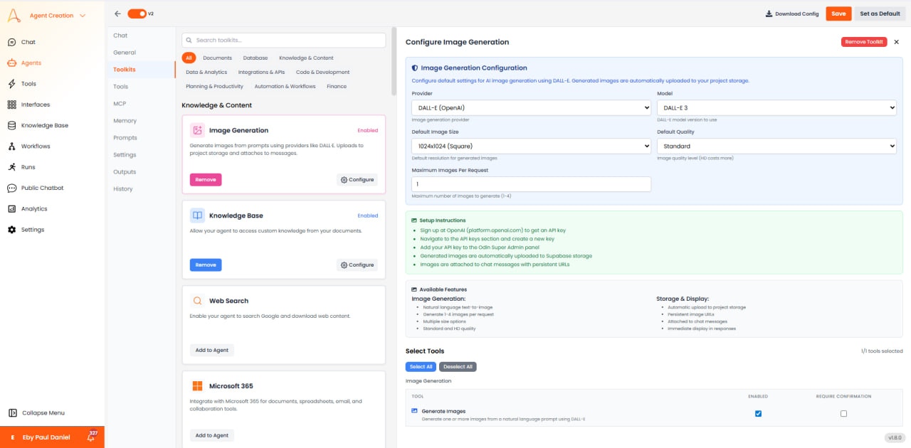 Image Generation Configuration panel with DALL-E settings