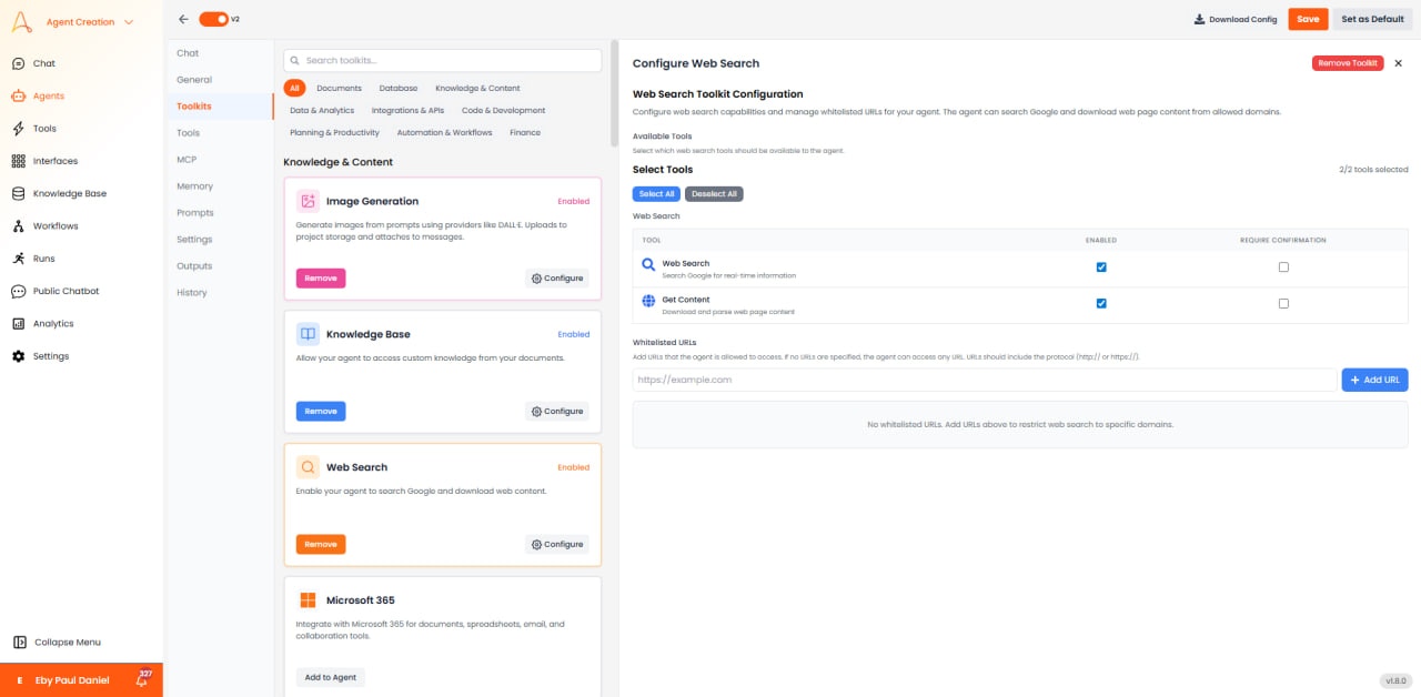 Web Search Configuration panel with tool selection and whitelisted URLs