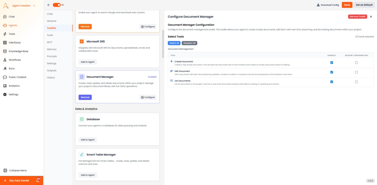Document Manager Configuration panel showing Create, Edit, and List Documents tools
