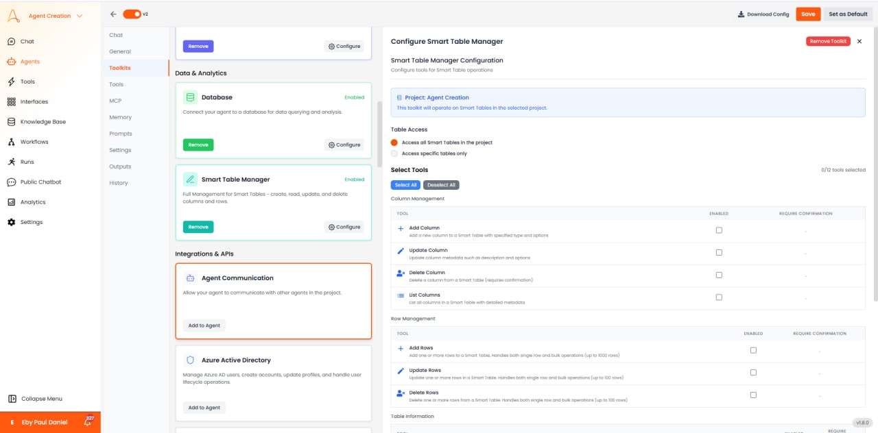 Smart Table Manager configuration with table access and column/row management tools