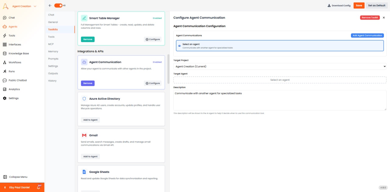 Agent Communication configuration with target agent selection