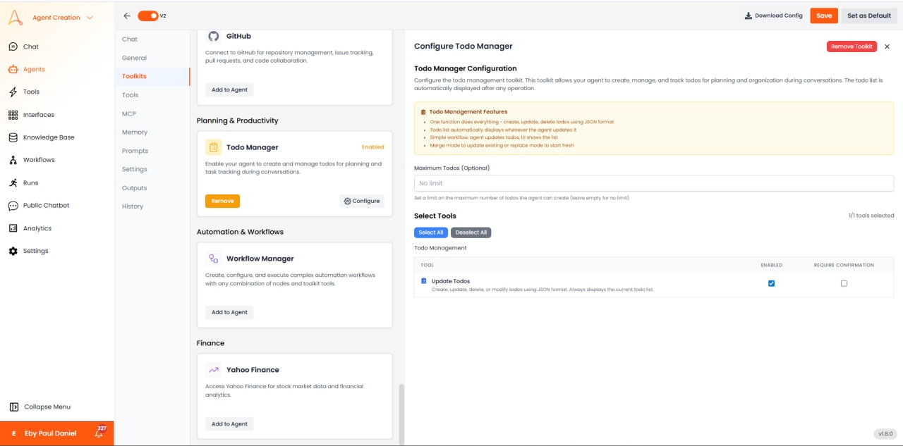 To-Do Manager configuration with features and Update Todos tool