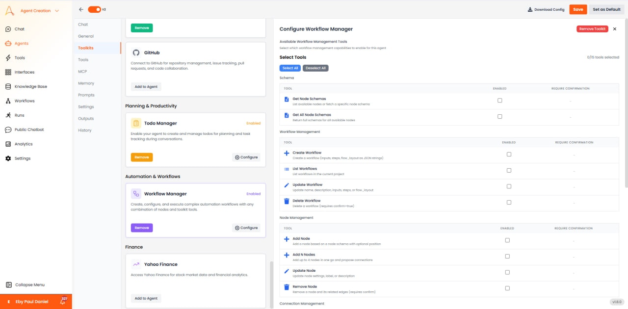 Workflow Manager configuration with Schema, Workflow, and Node Management tools