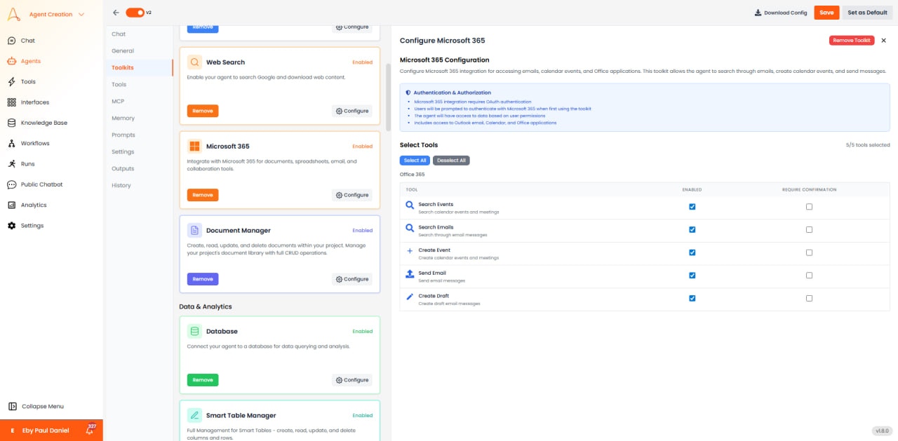 Microsoft 365 toolkit configuration with authentication and tool selection