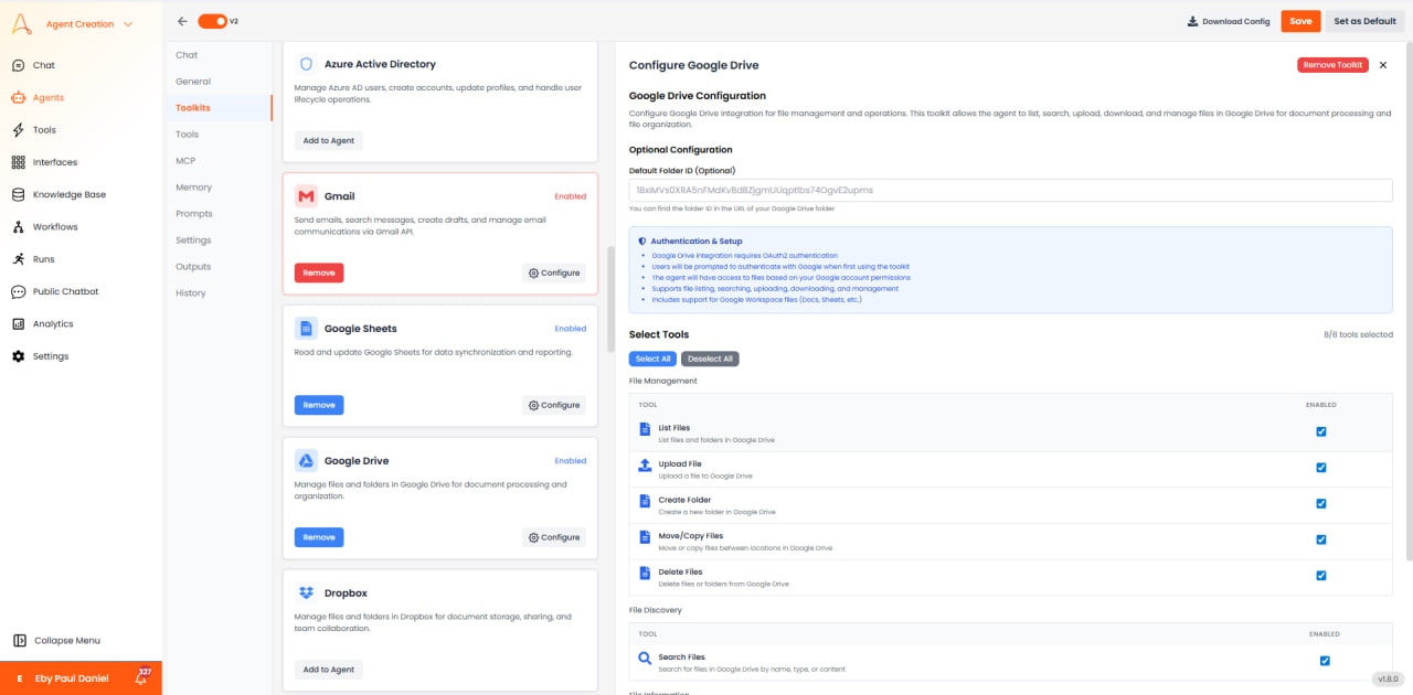 Google Drive configuration with optional folder ID and file management tools