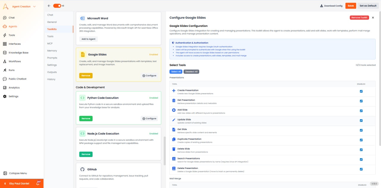 Google Slides configuration with authentication and presentation tools