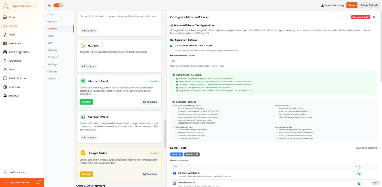 Microsoft Excel configuration with authentication and file management tools