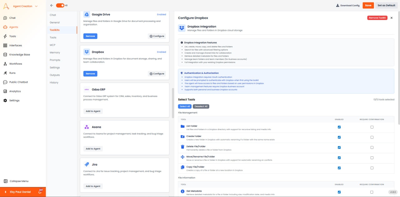 Dropbox configuration with file management and file information tools