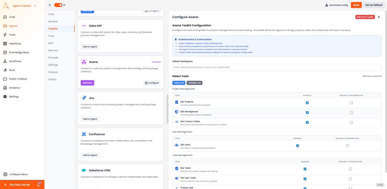 Asana configuration with authentication, default workspace, and tool selection