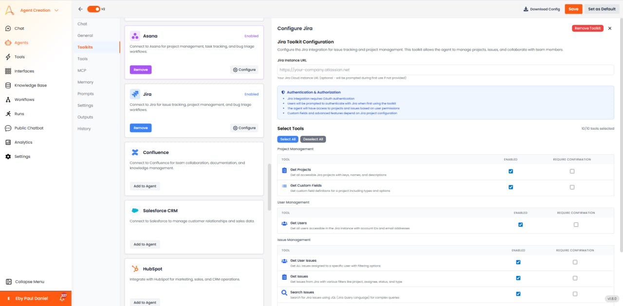 Jira configuration with instance URL, authentication, and tool selection