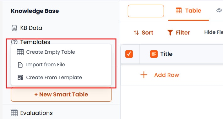 Three options menu for creating Smart Tables