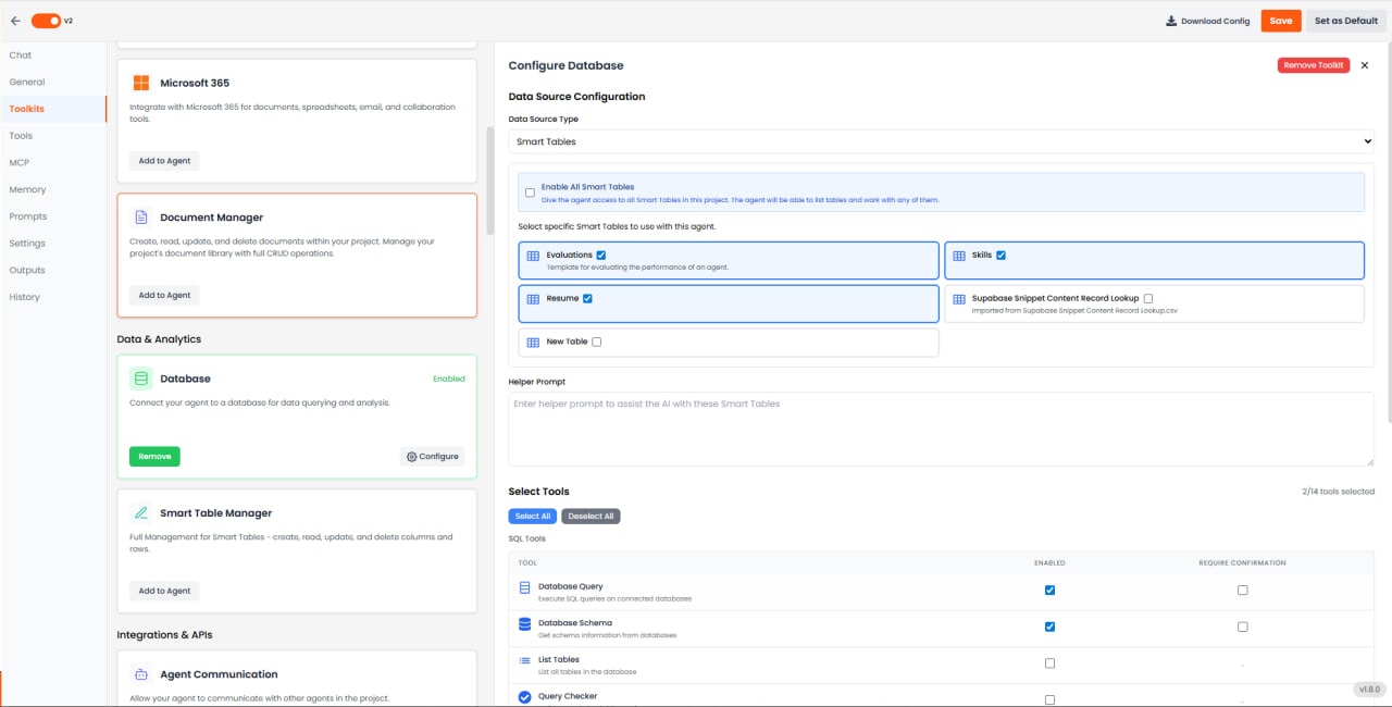 Database Manager settings showing Smart Table selection
