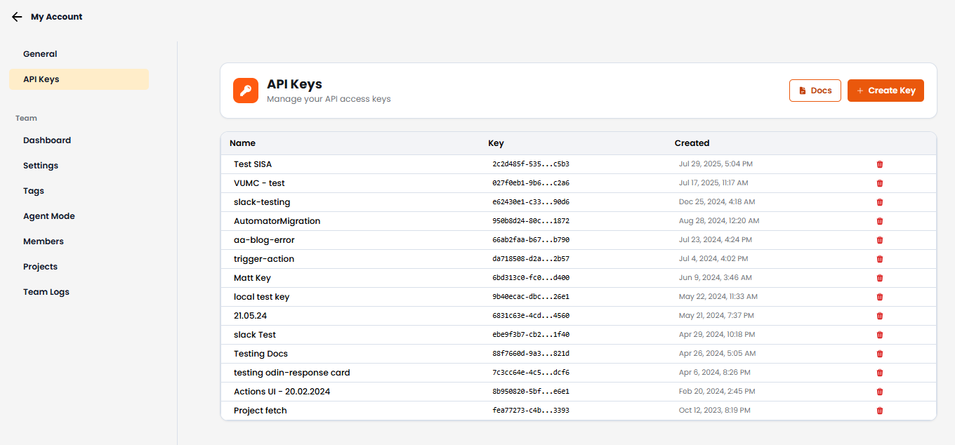 API Keys Tab Interface