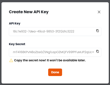 Screenshot of the Create New API Key popup.