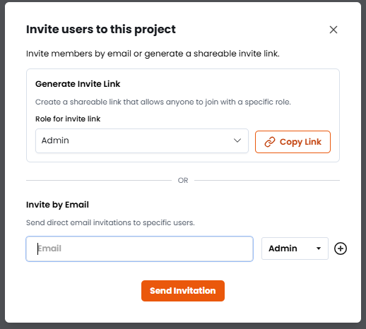 Screenshot of the Invite Users to This Project popup.