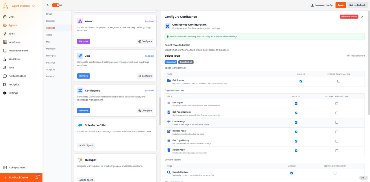 Confluence configuration with OAuth and tool selection for spaces, pages, and content