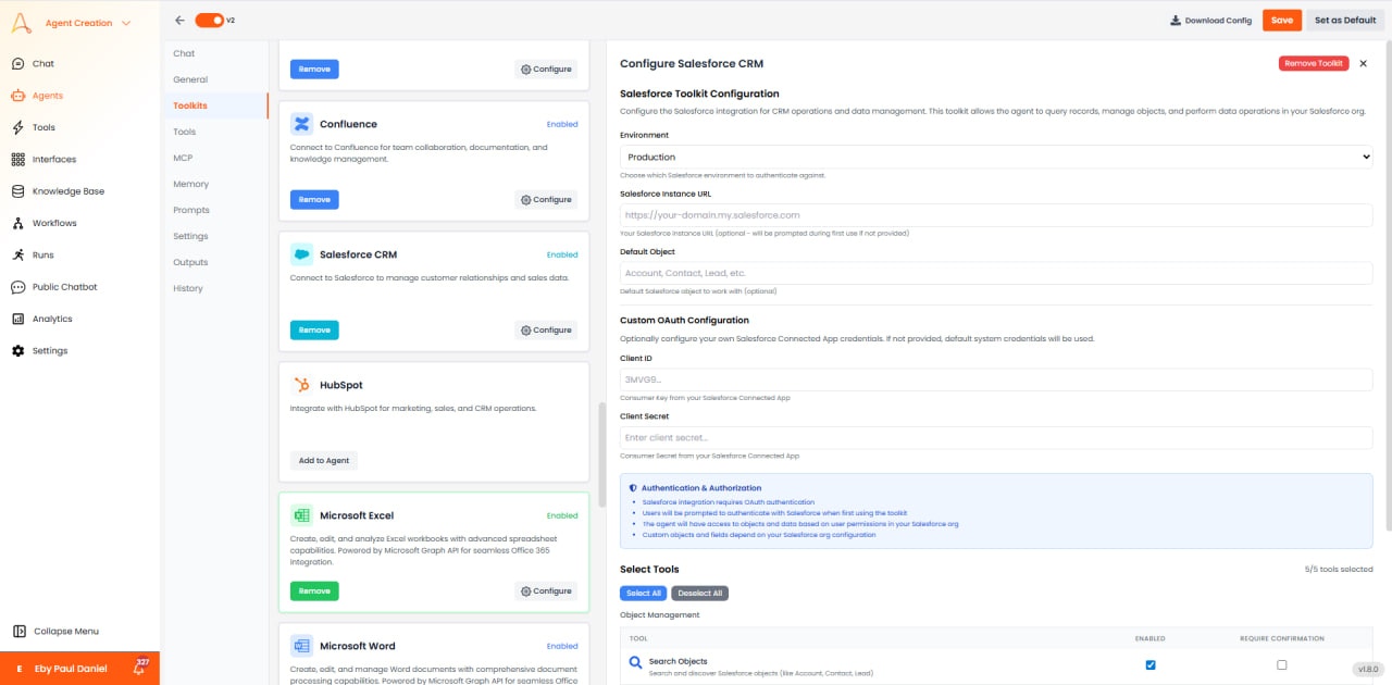Salesforce CRM configuration with environment, instance URL, and OAuth settings