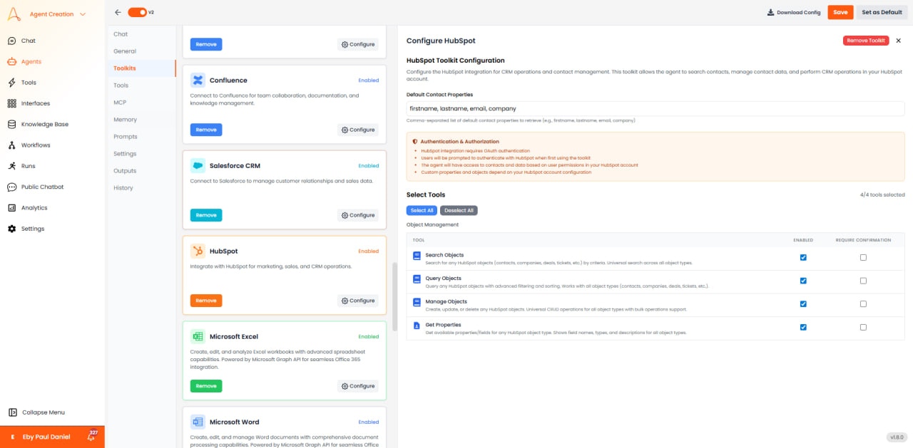 HubSpot configuration with default contact properties and tool selection