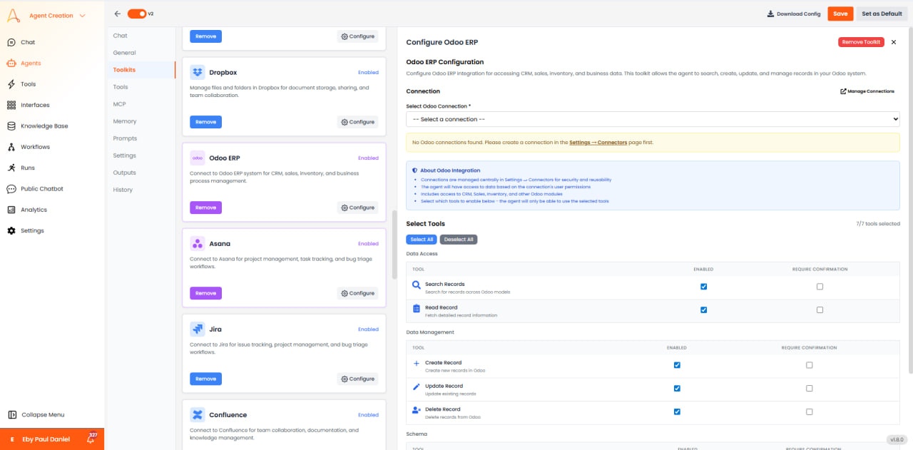 Odoo ERP configuration with connection settings and Data Access/Management tools