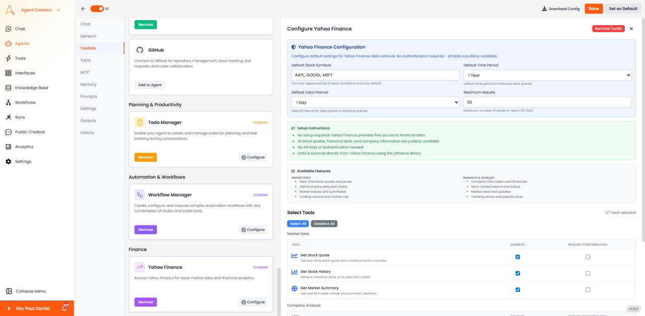 Yahoo Finance configuration with default settings and tool selection