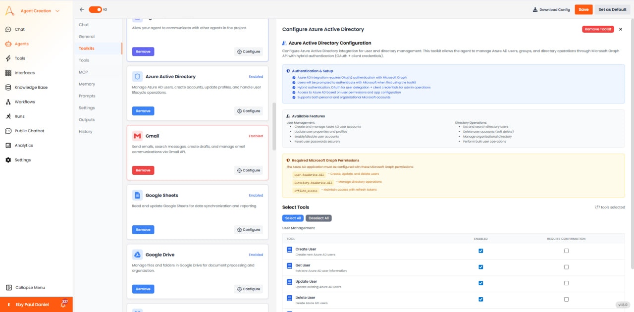 Azure Active Directory configuration with authentication and User Management tools