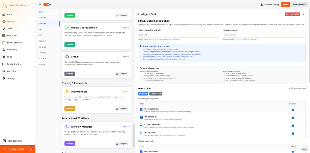 GitHub configuration with default owner/repository and authentication