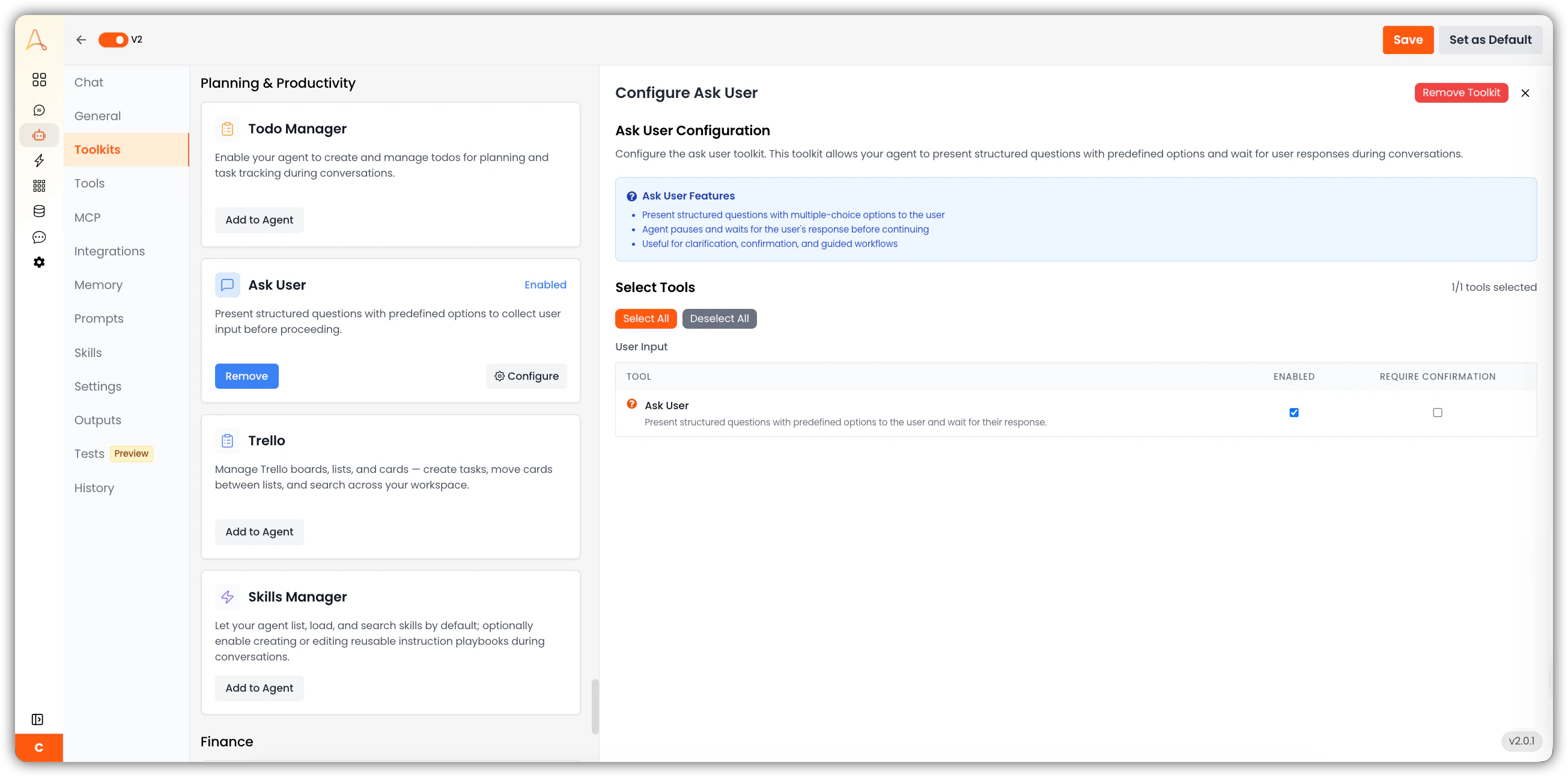 Ask User Configuration panel showing the Ask User tool with Enabled and Require Confirmation options