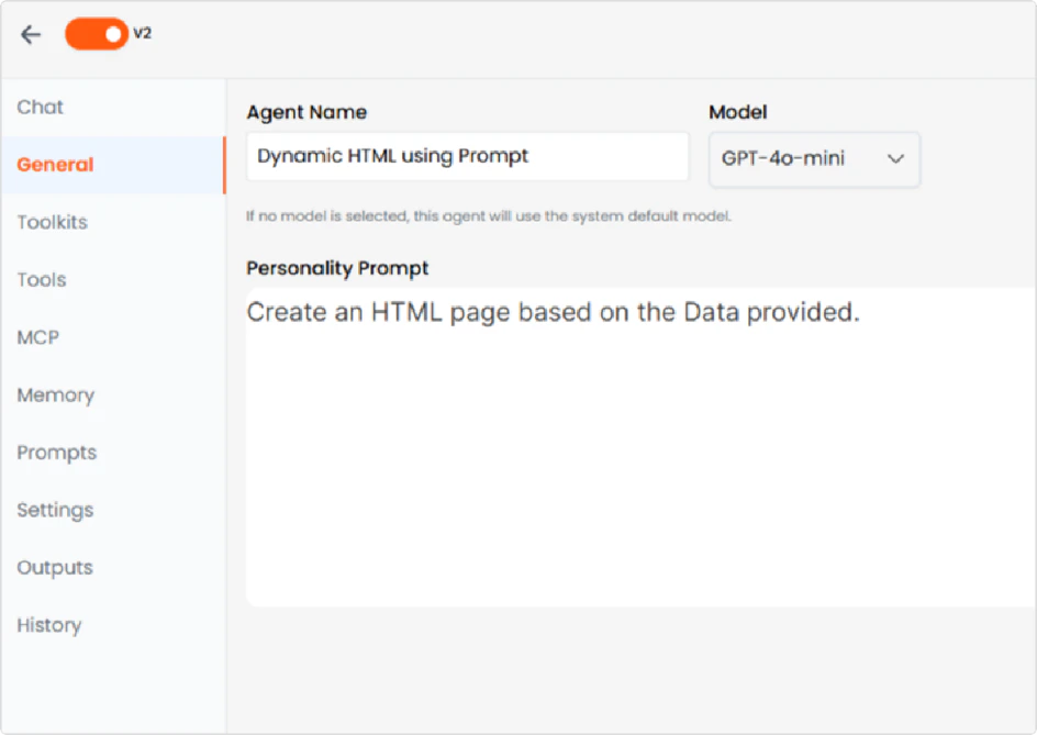 Figure 1: Agent Creation Interface - Setting up the Dynamic HTML agent with personality prompt
