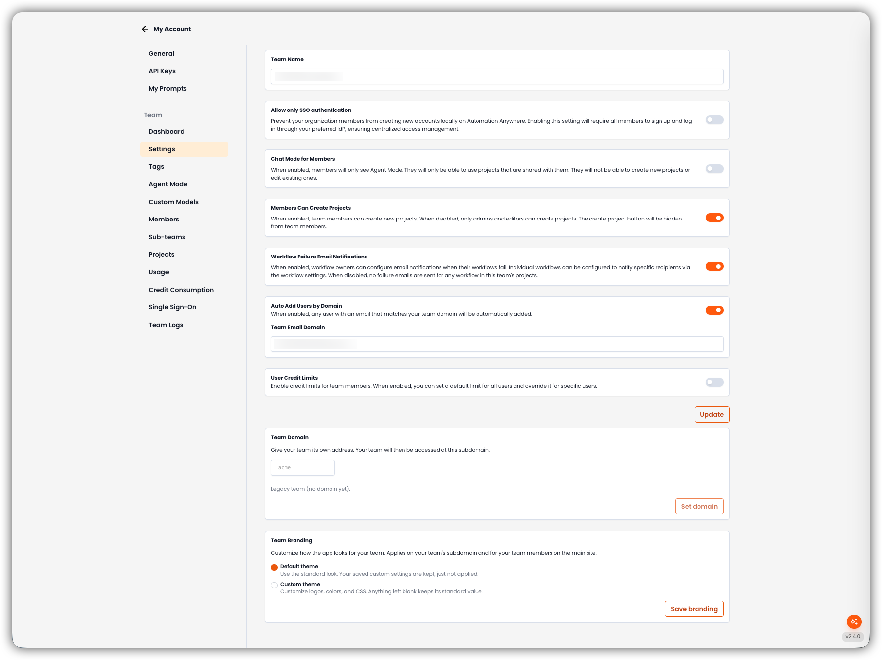 Team Settings Interface