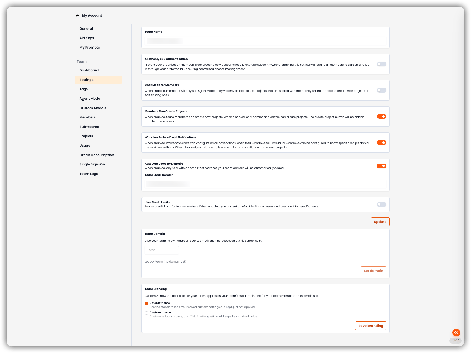 Team Settings Interface