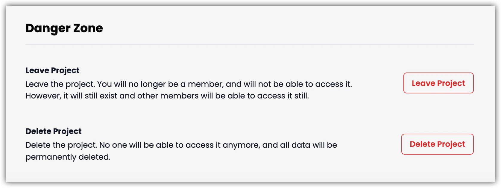 Project Settings Danger Zone section screenshot