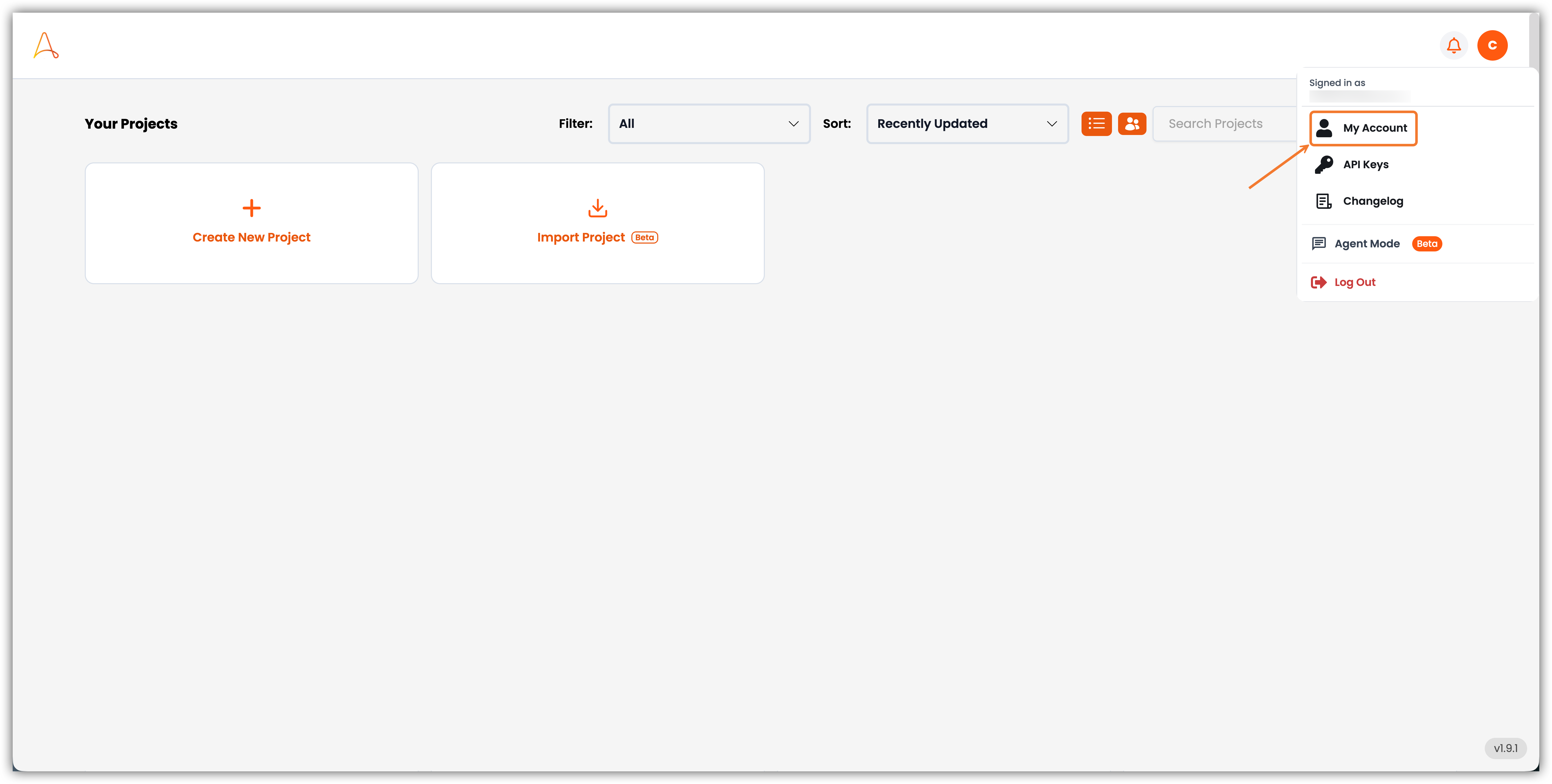 EK Dashboard with My Account option highlighted in the user menu