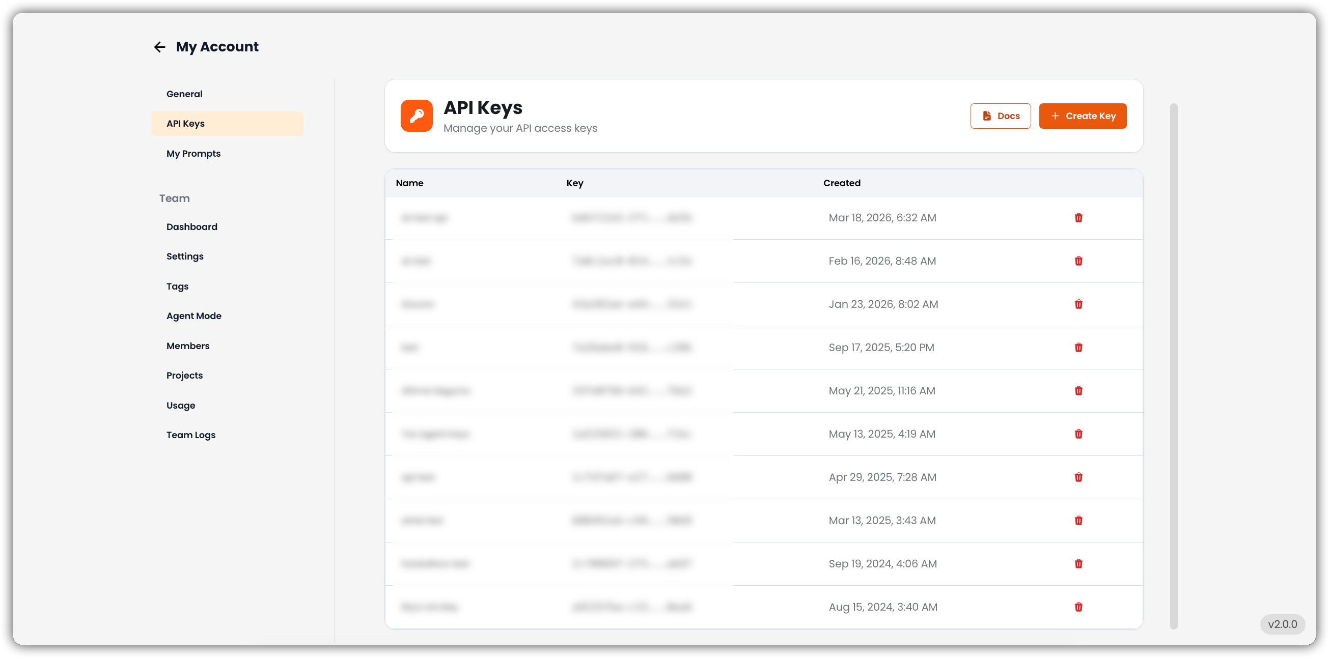 API Keys Tab Interface