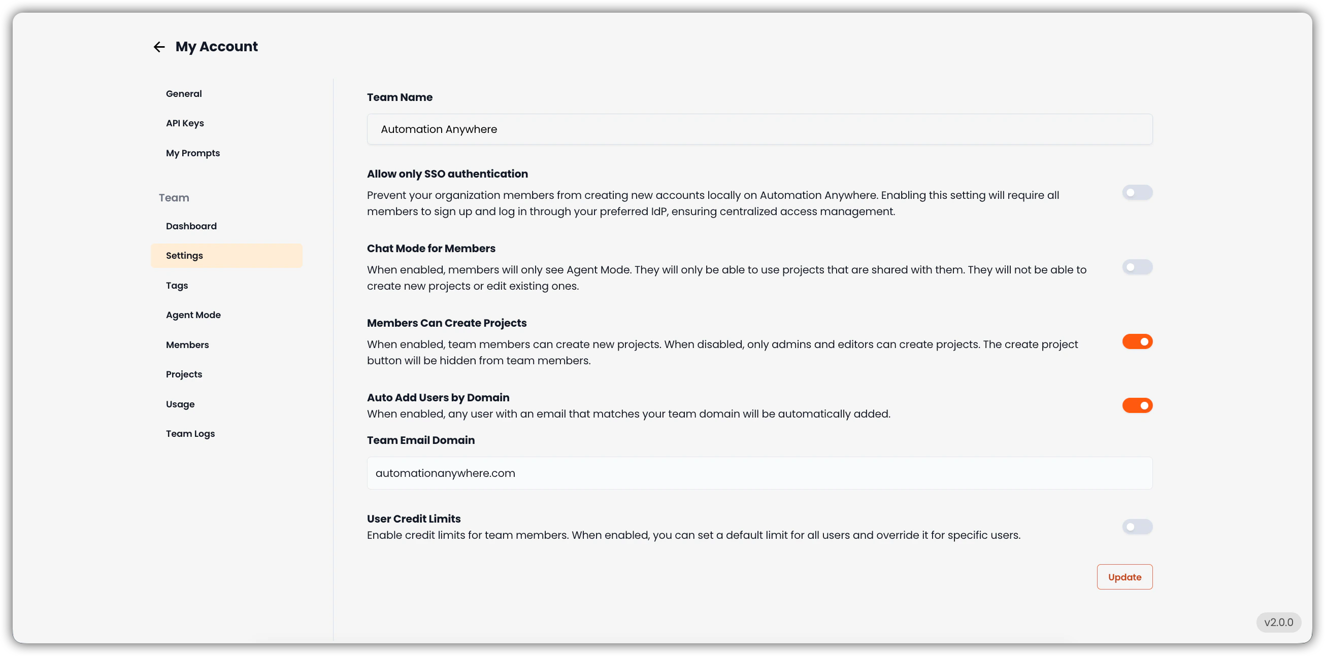 Settings Tab Interface