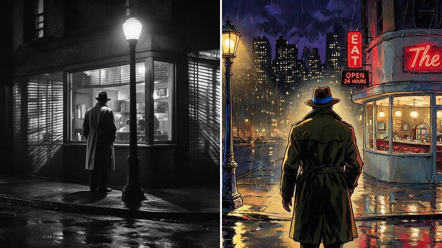 The same street corner rendered in Film Noir and Painterly Neon