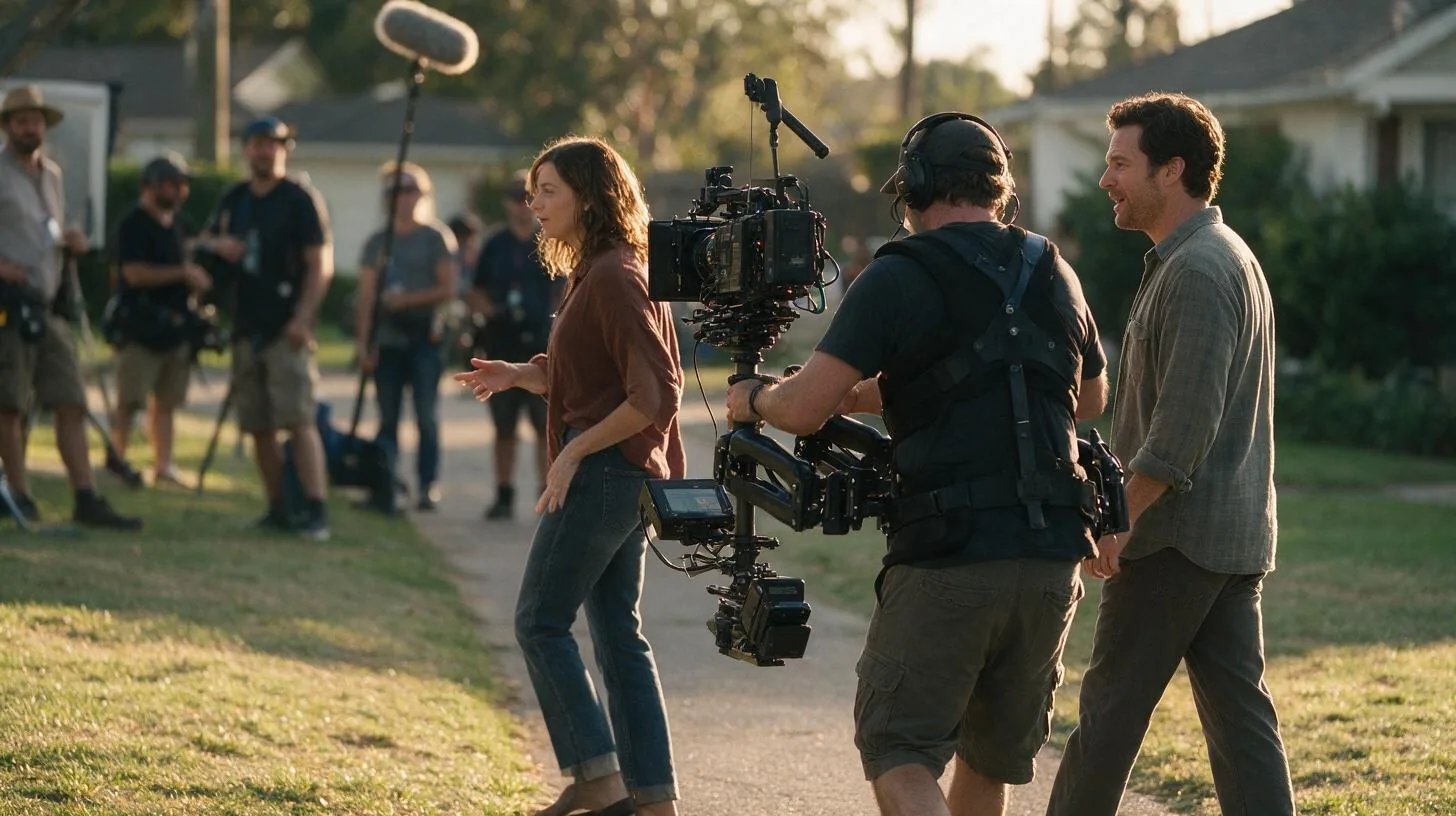 A steadicam operator following two actors through a golden-hour long take