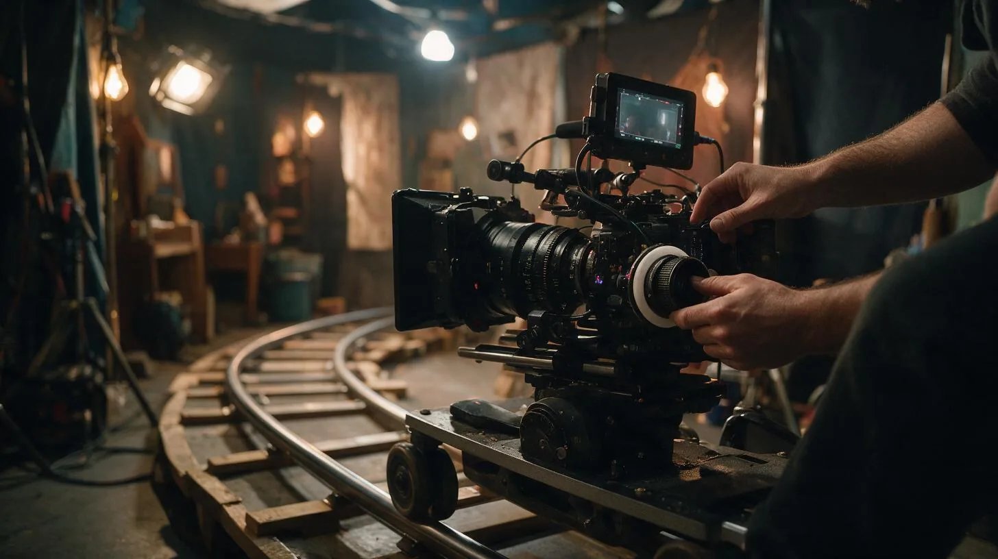 A camera dolly on curved track mid-move through a small film set