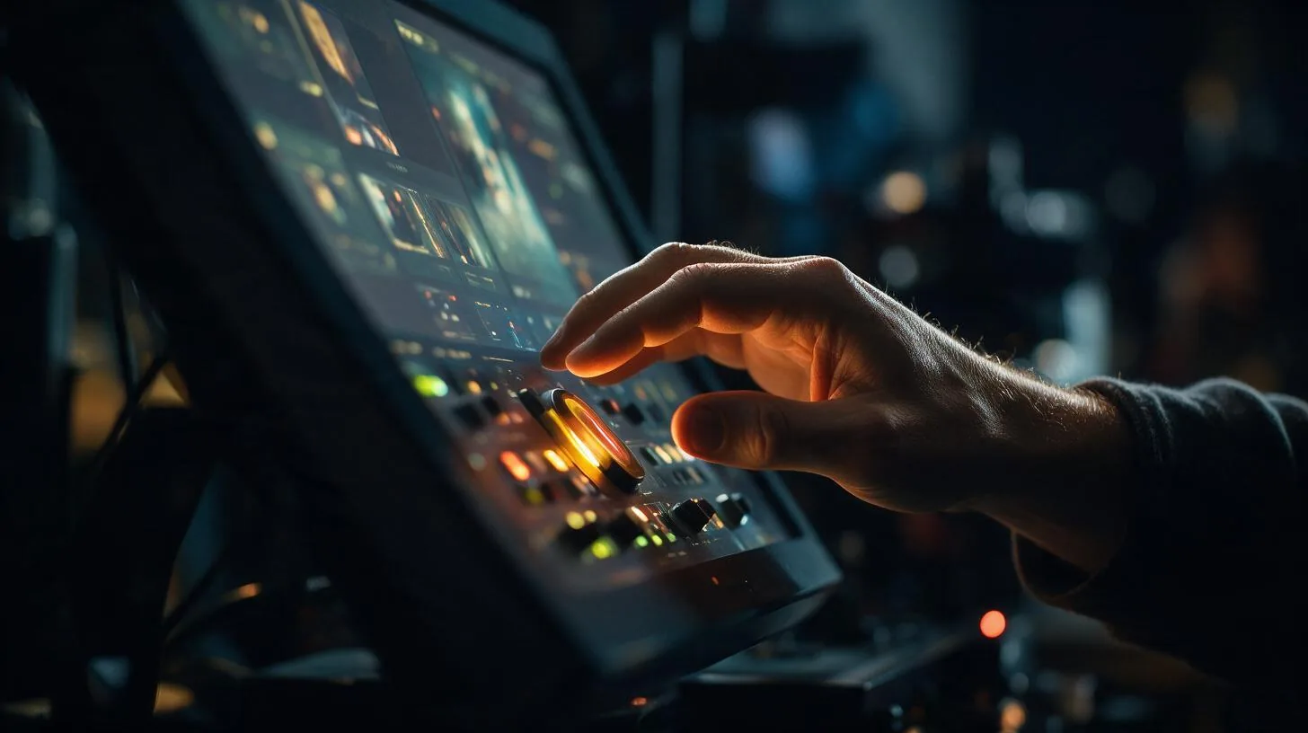 A director's hand hovering at a glowing monitor in a dark studio