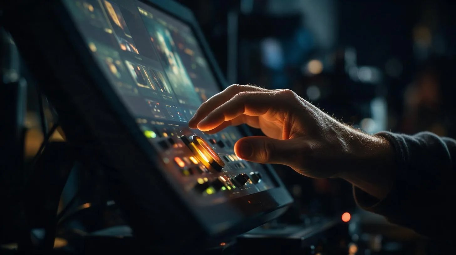 A director's hand hovering at a glowing monitor in a dark studio