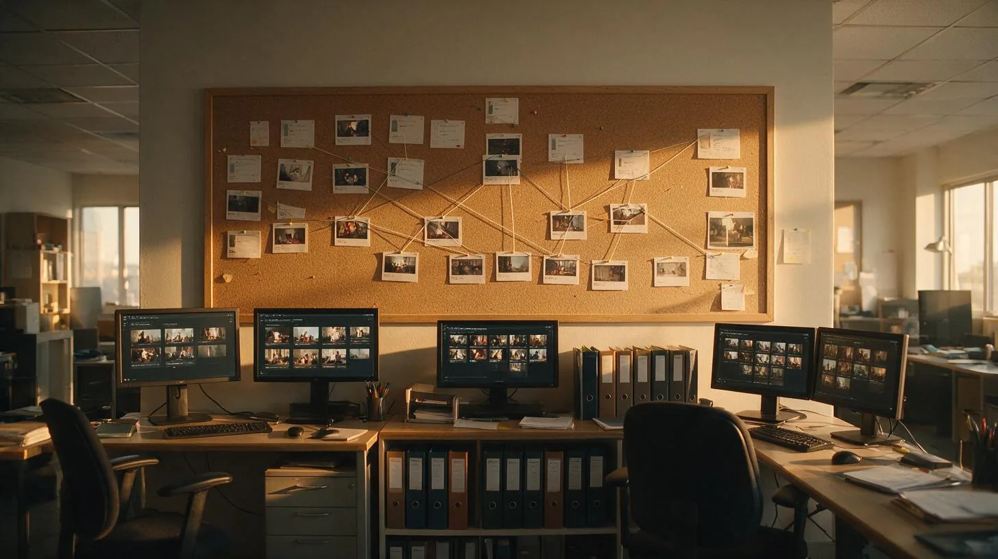 A tidy film production office with scene cards, monitors and binders