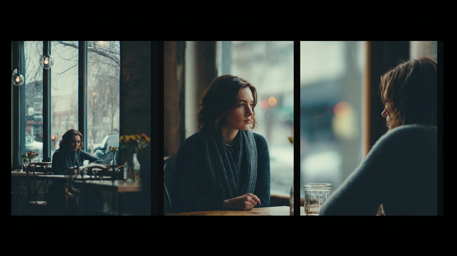 A triptych of a young woman at a cafe