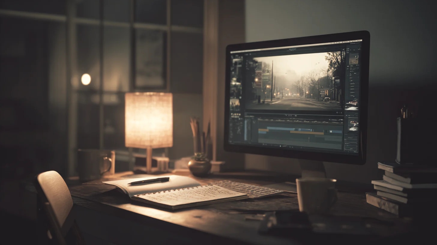 A man sits at a computer creating a film