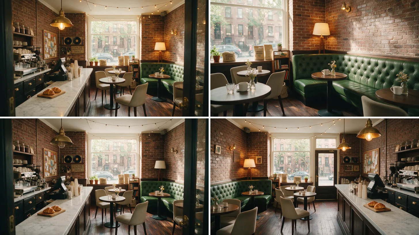 The same cafe seen from four camera angles