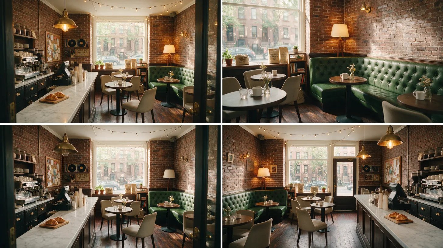 The same cafe seen from four camera angles