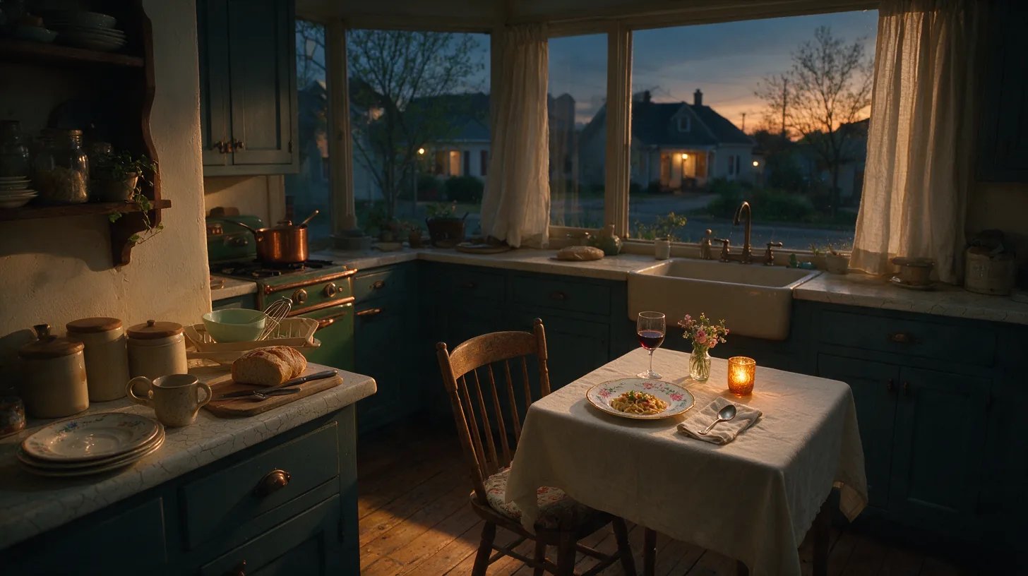 A kitchen at dusk with a single chair at the table