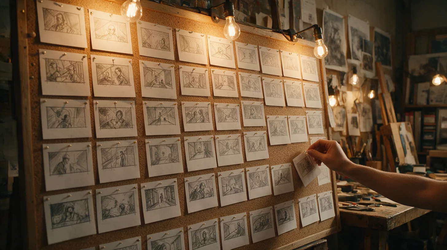 A wall of storyboard frames under warm light