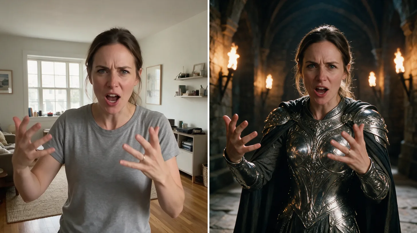 A performer and the fantasy character delivering the same performance