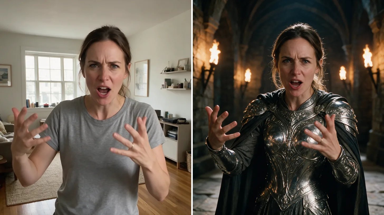 A performer and the fantasy character delivering the same performance